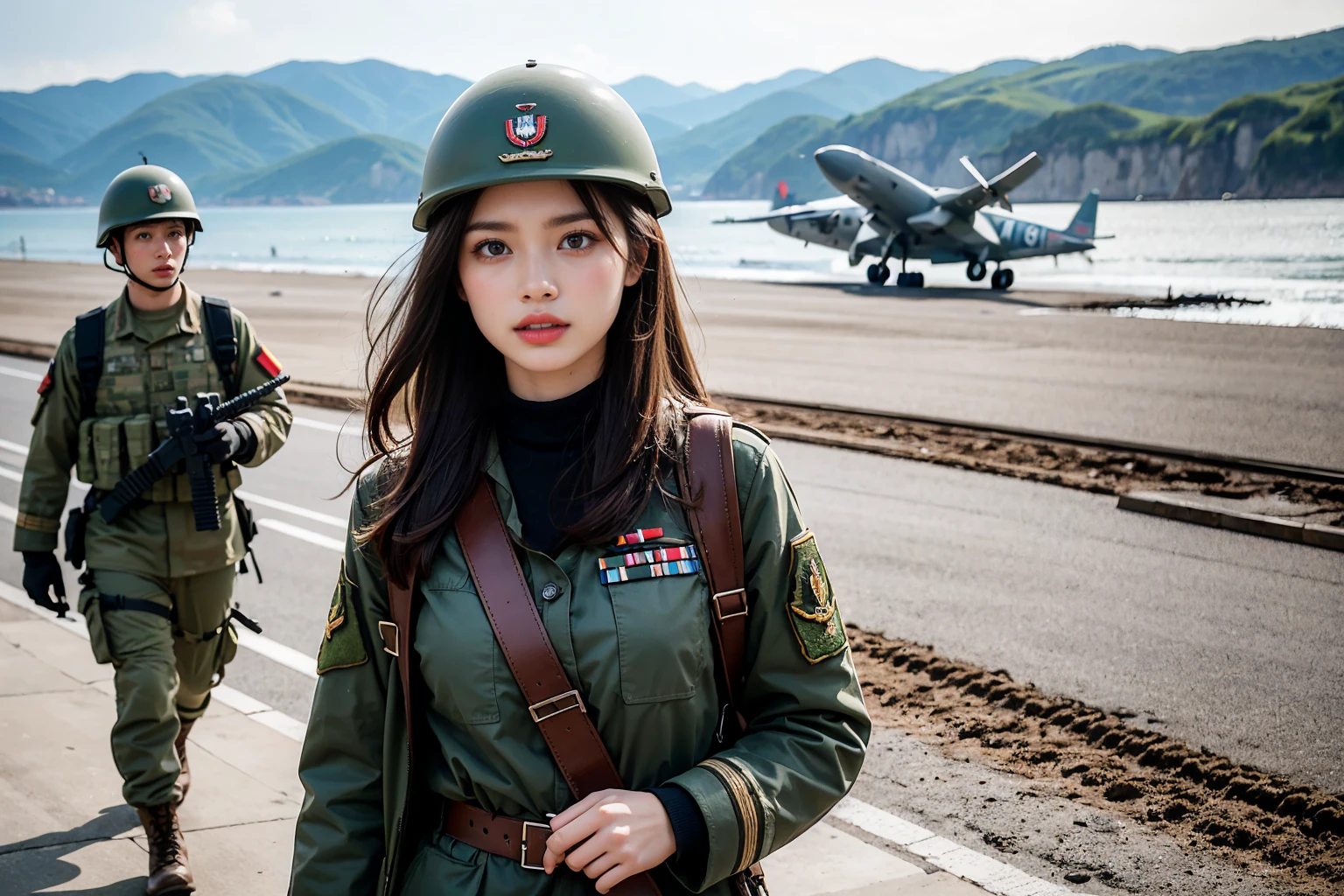 A powerful photograph of a determined young woman dressed in an authentic British World War II military uniform, leading a group of soldiers in a historic coastal landing. The rugged beach provides an imposing challenge, but she stands tall, her helmet accentuating her strong silhouette and her jacket conveying her unwavering determination. Her focused gaze is set on the mission ahead, and her aura of leadership and courage is palpable. In the background, faint outlines of paratroopers being dropped and Allied forces initiating the assault by ship and aircraft create an immersive, cinematic atmosphere that captures the essence of war and camaraderie.