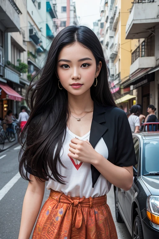 (8K, Ultra high res:1.1) Nguyen, an 18-year-old vibrant Vietnamese girl, exudes youthful charm in a modern Vietnamese-inspired outfit. She wears a stylish áo dài with contemporary patterns and designs, showcasing her fashion-forward sense. The high-resolution image captures ultra-detailed realism, highlighting Nguyen's captivating brown eyes, flawless complexion, and long black hair. The urban backdrop with its colorful street art and bustling cityscape adds a touch of youthful energy, creating a visually captivating representation of Nguyen's modern Vietnamese style.