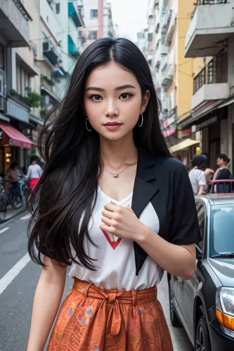 (8K, Ultra high res:1.1) Nguyen, an 18-year-old vibrant Vietnamese girl, exudes youthful charm in a modern Vietnamese-inspired o...