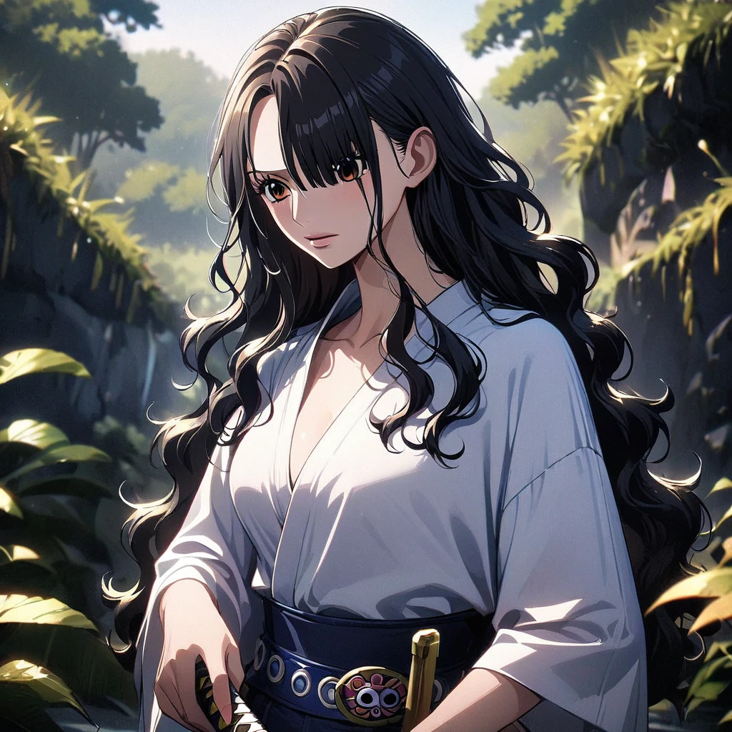 masterpiece, best quality), intricate details, 1 girl, woman, black hair, nico robbin\ (one piece\), (long hair), shirt, white shirt, female focus, clothes, white colour kimono, nature, scenery, upper body, ((front view)) ((close up shot)) ((solo)) ((hair over one eyes)) detailed, very high resolution, no blurry image, full body, orange eyes, sligh wavy hair, ((nico robin from one piece)) ((female robin from one piece)), holding katana, (((wavy hair)) 