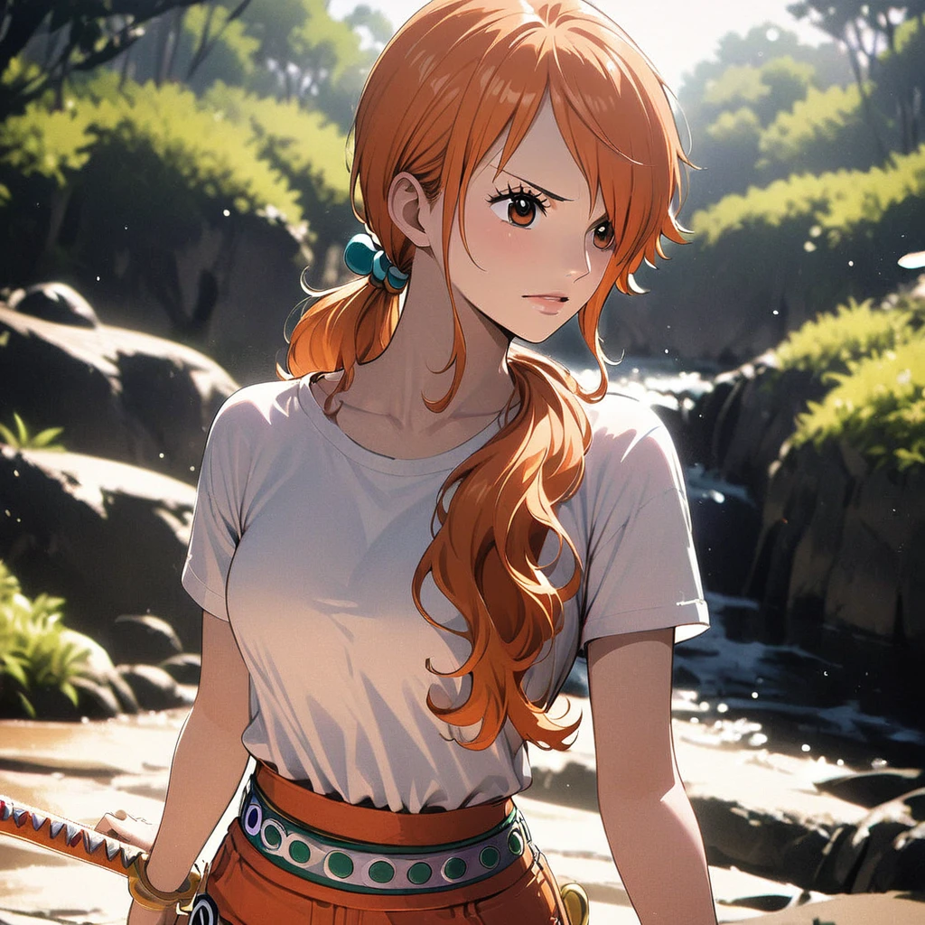 masterpiece, best quality), intricate details, 1 girl, woman, orange hair, nami \ (one piece\), (long hair), shirt, white shirt, female focus, clothes, orange colour kimono, nature, scenery, upper body, ((front view)) ((close up shot)) ((solo)) ((hair over one eyes)) detailed, very high resolution, no blurry image, full body, orange eyes, sligh wavy hair, ((nami from one piece)) ((female nami from one piece)), holding katana, (((low ponytail)) Along with luffy 