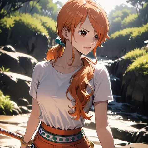 masterpiece, best quality), intricate details, 1 girl, woman, orange hair, nami \ (one piece\), (long hair), shirt, white shirt,...