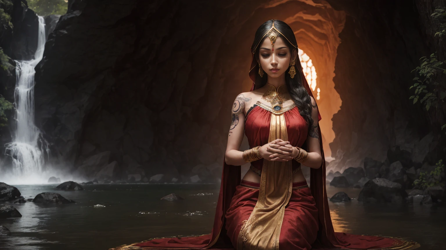 Femmes"Prêtresse voluptueuse et mystérieuse méditant dans un paysage enchanteur près d&#39;une cascade, Vêtue d&#39;une robe sacrée et ornée de tatouages, de piercings et d&#39;un casque Iron Man qui couvre son visage, encadré par un magnifique temple hindou. L&#39;image est une représentation ultra-réaliste capturée avec des détails époustouflants.."
