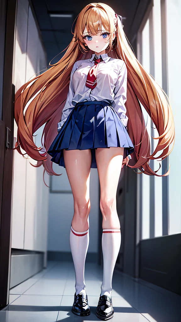 A student inside a school. She is wearing a  with a short blue skirt and a white blouse with a red tie. She has long blonde hair, loose, and a serious expression. The image is taken from a low angle, showing her legs with white knee-high socks and shiny black shoes. She is standing in a school hallway, with a door behind her.