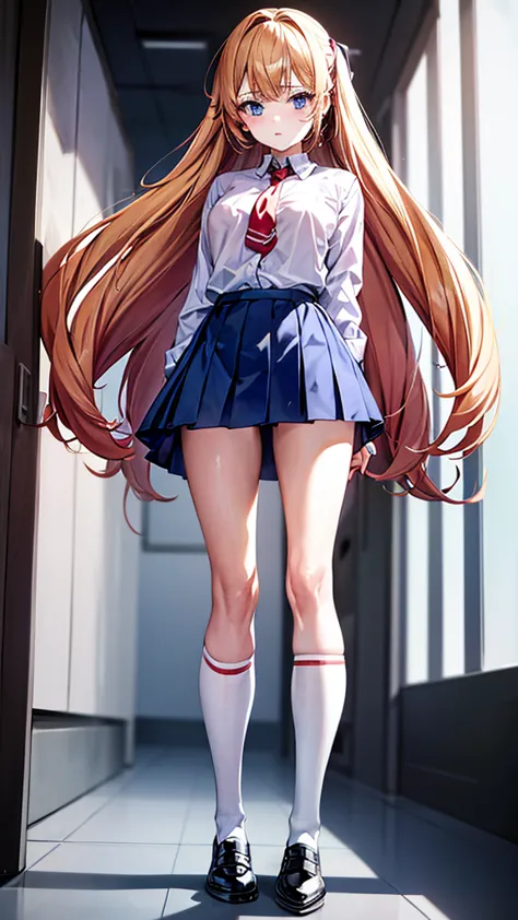 A student inside a school. She is wearing a  with a short blue skirt and a white blouse with a red tie. She has long blonde hair...