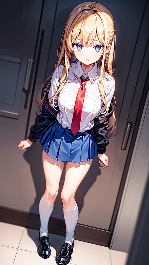 A student inside a school. She is wearing a  with a short blue skirt and a white blouse with a red tie. She has long blonde hair, loose, and a serious expression. The image is taken from a low angle, showing her legs with white knee-high socks and shiny black shoes. She is standing in a school hallway, with a door behind her.