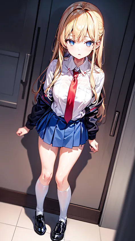 A student inside a school. She is wearing a  with a short blue skirt and a white blouse with a red tie. She has long blonde hair...