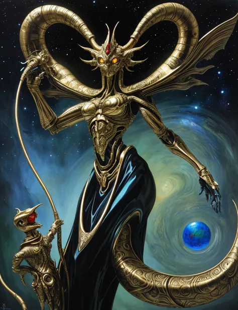 TeRRifying alien space monsteR witH gold and silveR skin,Holding a cane witH Red,green,Orange and blue diamonds,Futuristic,((fem...