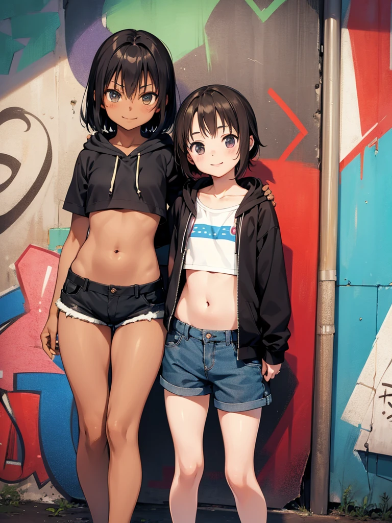 masterpiece, best quality, 2girls, 10yo, (petite), dark skin,
 smile, standing, hoodie, flat chest, Navel, micro shorts, against the graffiti wall, slum townscape, outdoor,