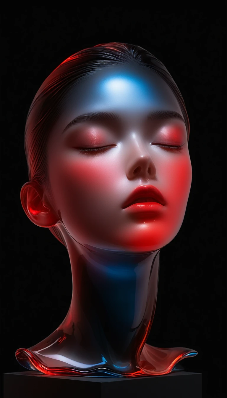 The Art of Blank Space，Sense of space，1 colored glass transparent 3D portrait sculpture，面部Luminescence线路，simple，Minimalism，beautiful girl，Black and red，，black background，Luminescence