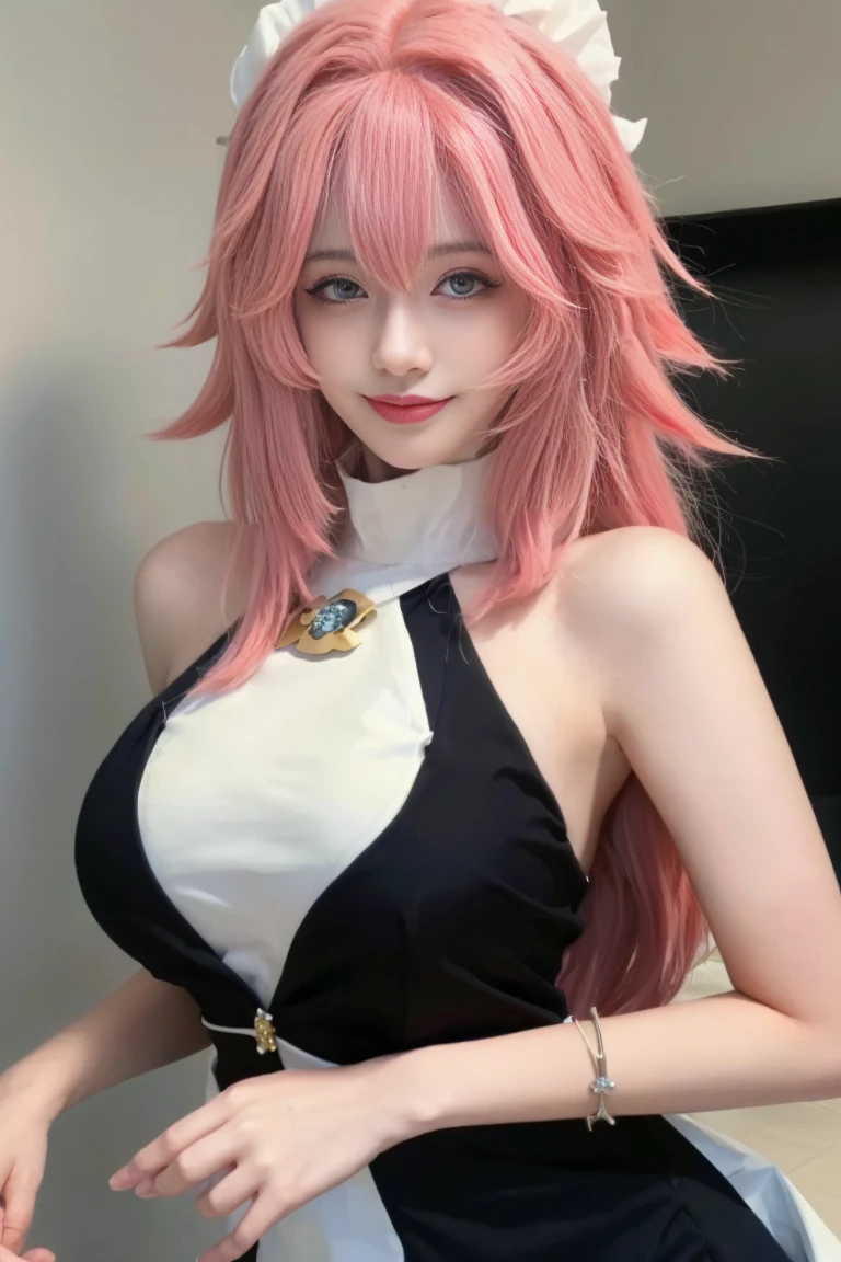 ((Best Quality, 8K, Masterpiece: 1.3)), 1girl, Slim Belly Beauty: 1.3, (Big Breasts: 1.2), Dress: 1.1, Super Delicate Face, Delicate Eyes, Double Eyelids, Smile, Home, long hair, pink hair, jewelry, Earring, Bangs, maid dress, standing, upper body,