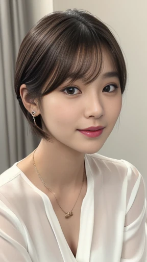 Close-up, sitting on a chair, Gorgeous Young Korean Woman, 1 girl 35 yeas old,　( short hair, brown hair, fringe, single eyelid, Thin outer eyebrows, Small eyes、Eyes are small compared to the face、Narrow face,　red lip, little smile), (metal earring, metal neckless, black eyeglass),( Chest visible, middle breasts, middle hip, public hair) (white blouse,White clothes are very transparent ), Tears