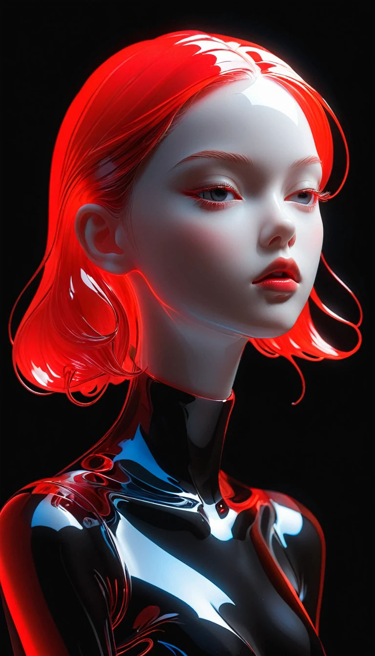 The Art of Blank Space，Sense of space，1 colored glass transparent 3D portrait sculpture，面部Luminescence线路，simple，Minimalism，beautiful girl，Black and red，，black background，Luminescence