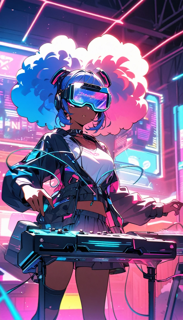 Beautiful, 1 dark skin, single girl, fluffy afro hair, blue hair, glowing wire, VR glasses mixed with sci-fi and neon tones. Behind it is a robot with neon lights. The background image is a large robot, clearly visible. ,on stage,playing electric drums,or DJ