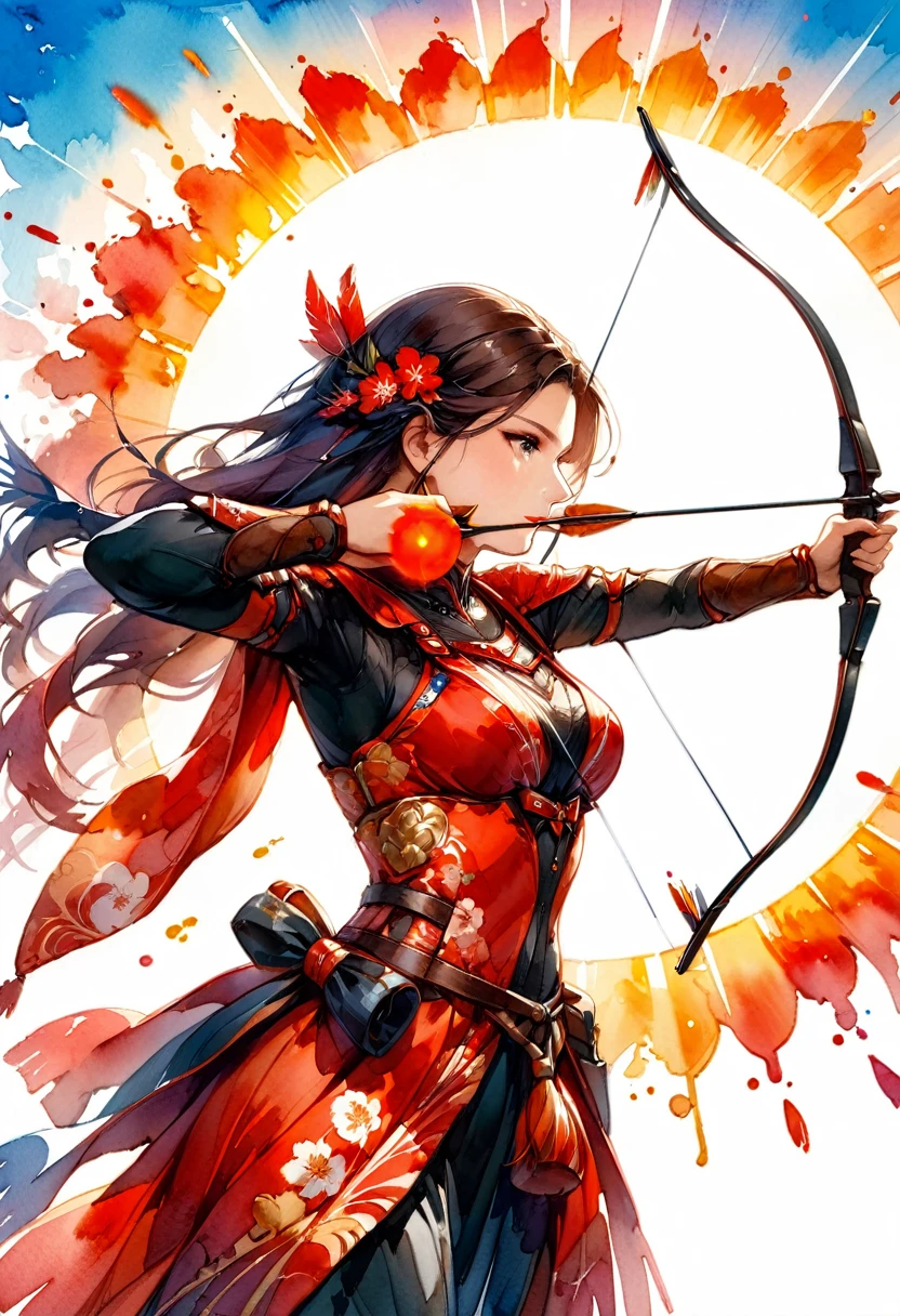 a Japanese watercolor illustration (using Black, white and red colors only) of a exquisite beautiful female archer, (silhouette artwork: 1.3), (aiming a bow: 1.4), holding the (composite masterwork bow: 1.3)  perfectly, ready for action as the sun rises, fantasy art, ), sun rising behind the archer, ready to act,  ultra feminine, with a long curvy hair, wearing knights armor, intricate clothes, , sting drawn to the cheek , arrow ready to be shot, (tip of the arrow glimmers in the sun: 1.3), sunrays, divine rays, high details, best quality, 16k, [ultra detailed], masterpiece, best quality, (extremely detailed), dynamic angle, Aiming a Bow, bow (weapon), Aiming a Bow