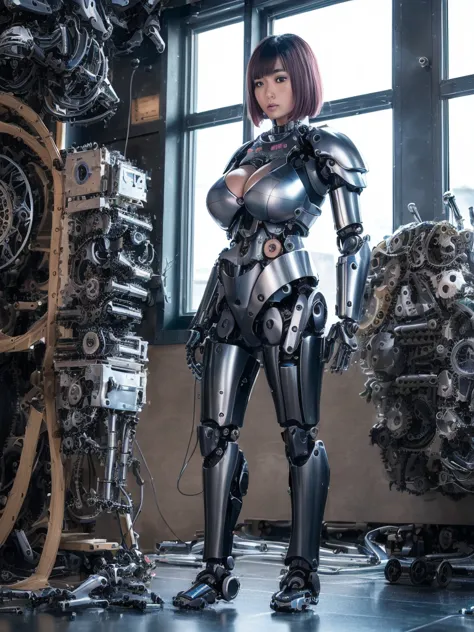 (full body photo:2), (man/woman/mechanic:1.8), (very big breasts:1.8), (all mechanical body:2), (With bionic armor:1.5), White w...