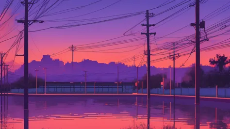 purple theme, power pole in the sunset, pixel art, anime