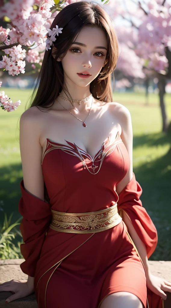 Beautiful  young girl looking at viewer wearing red top dress, in garden, realistic graphics, wearing a beautiful necklace, wavering at viewer, nice figure, beautiful organic photography  ,graphic focus on girl at the center of graphics photoshot ,red colors dress ,wavering at viewer, full-body photoshot rendering graphics,complete body collection, sakura blossoms, sitting under a tree ,beautiful legs and waist 