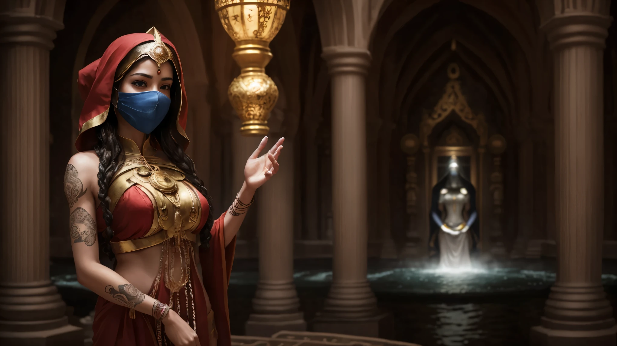 Women"Voluptuous and mysterious priestess meditating in an enchanting landscape near a waterfall, Dressed in a sacred robe and adorned with tattoos and piercings and an iron man helmet that covers her face, framed by a magnificent Hindu temple. The image is an ultra-realistic representation captured in stunning detail.."
