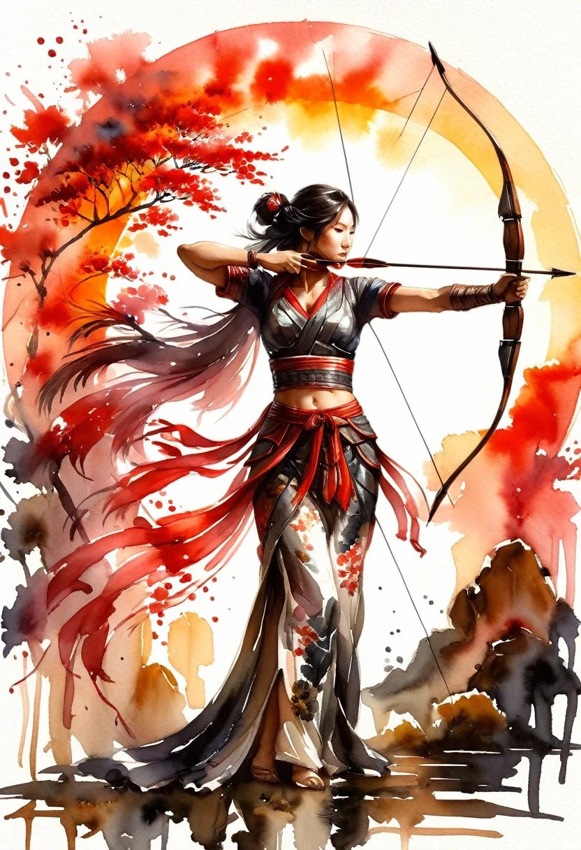 a Japanese watercolor illustration (using Black, white and red colors only) of a exquisite beautiful female archer, (silhouette artwork: 1.3), aiming a bow, holding the (composite masterwork bow: 1.3)  perfectly, ready for action as the sun rises, fantasy art, ), sun rising behind the archer, ready to act,  ultra feminine, with a long curvy hair, dynamic clothing, intricate clothes, , sting drawn to the cheek , arrow ready to be shot, (tip of the arrow glimmers in the sun: 1.3), sunrays, divine rays, high details, best quality, 16k, [ultra detailed], masterpiece, best quality, (extremely detailed), dynamic angle, Aiming a Bow, bow (weapon), ral-wtrclr