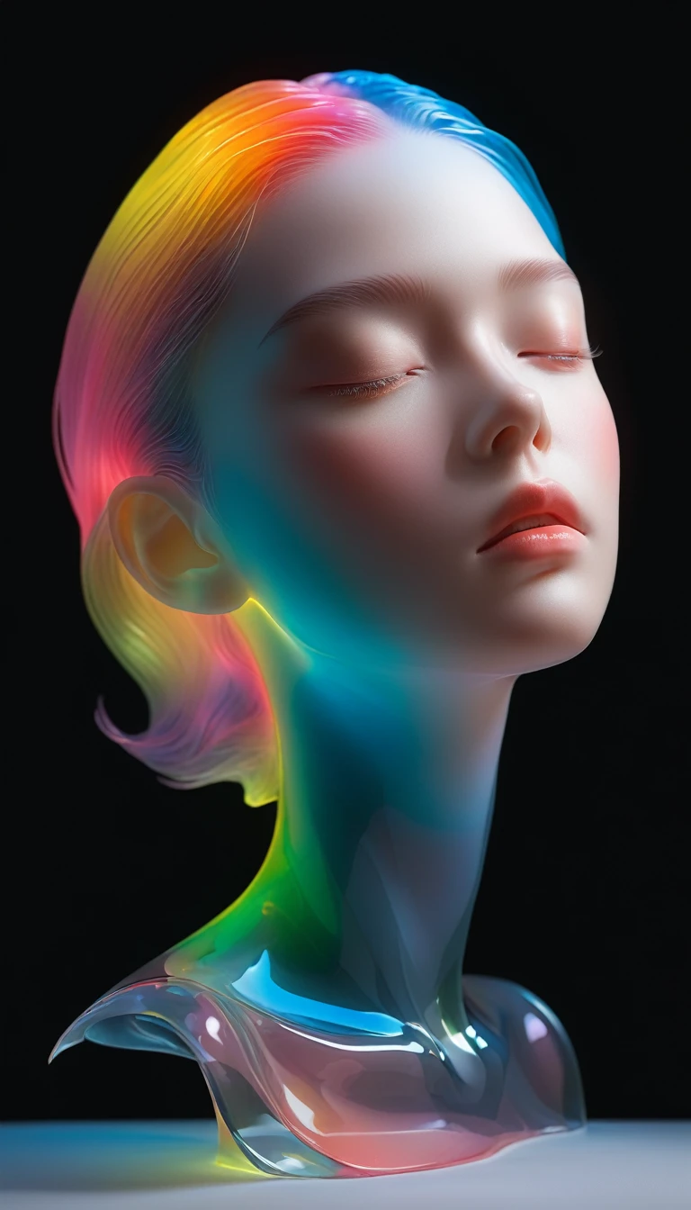 Une sculpture de portrait 3D transparente et colorée en verre est placée sur le stand central..，texture mate，面部luminescence线路，simple，minimalisme，Belle fille，Couleurs douces et élégantes，，fond sombre，luminescence