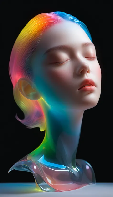 A colorful transparent 3D portrait sculpture made of glass is placed on the central stand.，Matte texture，面部Luminescence线路，simple...
