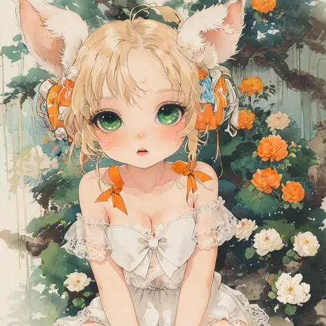 1girl, animal ears, bangs, bare shoulders, blonde hair, blush, bow, breasts, white cleavage, cropped torso, , green eyes, hair r...