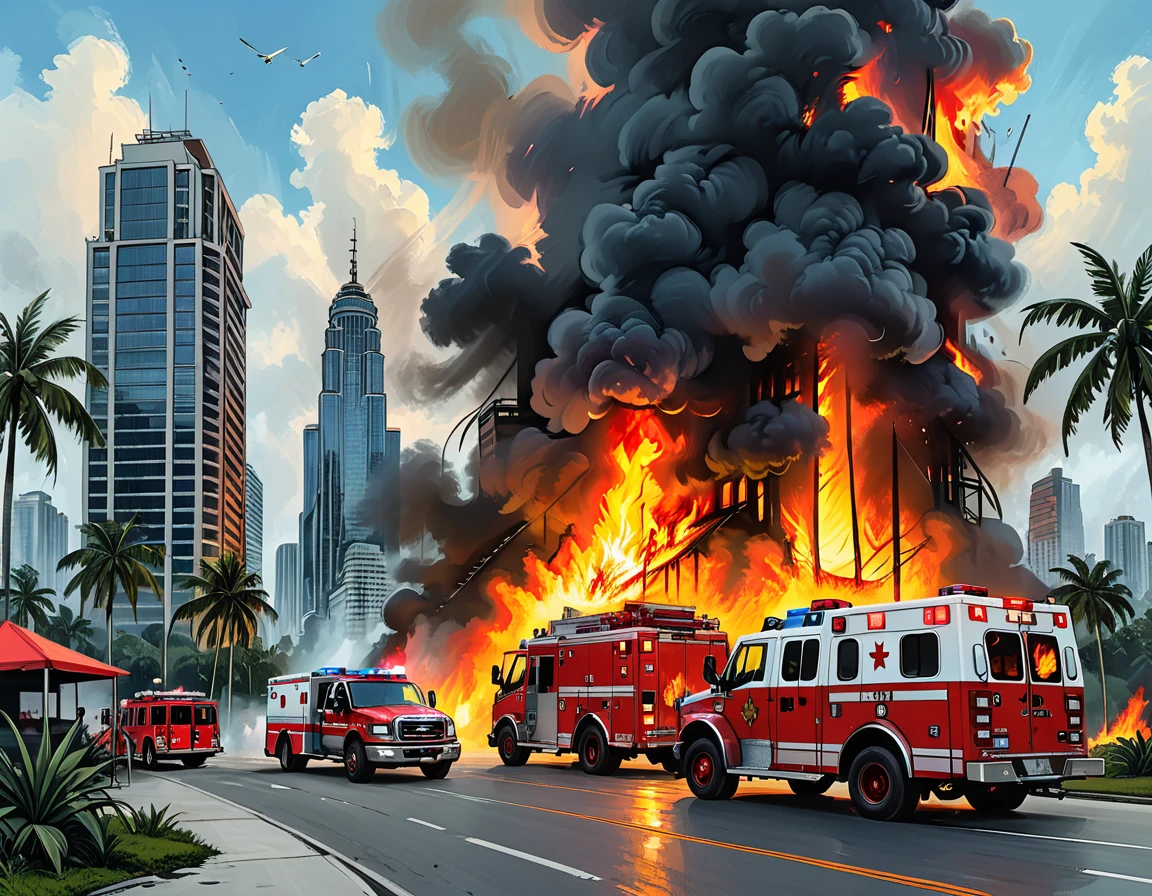 ambulance against the background of a skyscraper fire, ambulance and fire truck with firefighters, jungle, burning skyscraper, fire, palm trees, island, view from a drone,graphic style of novel comics, 2d, 8k, hyperrealism, masterpiece, high resolution, best quality, ultra-detailed, super realistic, Hyperrealistic art, high-quality, ultra high res, highest detailed, lot of details, Extremely high-resolution details, incredibly lifelike, colourful, soft cinematic light,