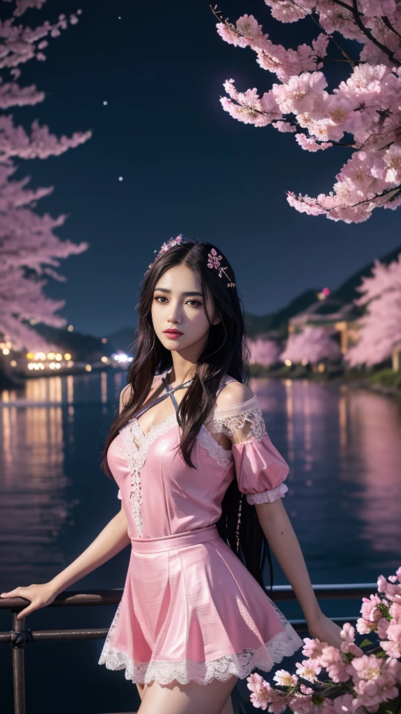 8K, ultra hd, masterpiece, 1 girl, ((18 years old girl)), good face, very long hair, detailed eyes, detailed lips, small breasts, ((shining clothing, pink clothing)), ((criss-cross lace)), sardine, ornament, jewellery, antique jewellery, loops, straps, dim lighting, epic scenery, ((night scenery:1.5)), ((Realistic moon)), cherry blossom, beautiful, rain, flowers, butterfly, water reflection, RTX 4090, (unreal engine 5), ray tracing, bloom effect, perfect pose,