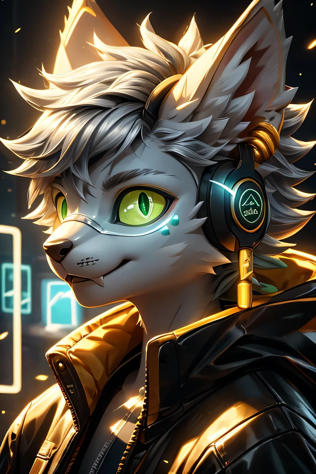 Young werewolf，Golden Fur，Wearing a black jacket with neon details，Wear an electronic mask，Wearing gaming headphones，avatar，Close-up of face，high quality，The art of math，，High-definition 4K realism，((Clear structural details)))Show details，Exquisite eyes，(Blue-green pupils)((Silvery-white glowing eyes))Slim，Soft，4K，excellent quality，High Detail，Delicate fur，((Yellowtail in the right place))Light blue shirt。Pale ears，Yellow hair，whole body，permanent，small short mouth，personification，domineering