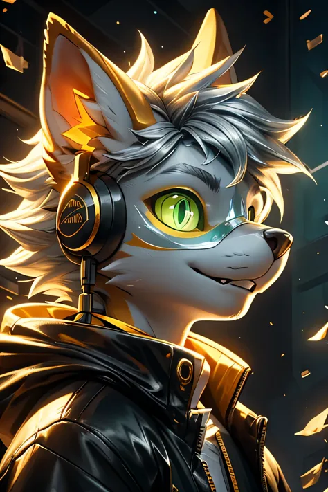 Young werewolf，Golden Fur，Wearing a black jacket with neon details，Wear an electronic mask，Wearing gaming headphones，avatar，Clos...