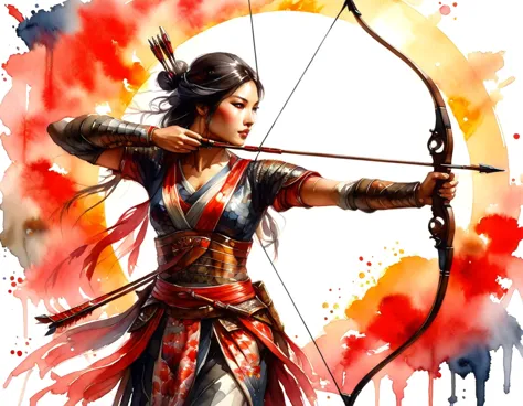 a japanese watercolor illustration (using black, white and red colors only) of a exquisite beautiful female archer, (silhouette ...