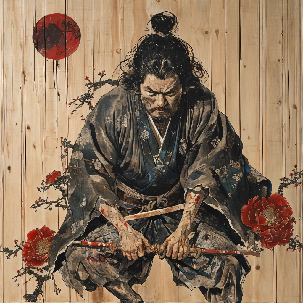 arte lineal japonés    , Un samurai( atado a un filete de madera con varias flechas clavadas en él,:1.2) A la parte inferior del cuerpo le falta una estructura esquelética visible. , trapos rasgados, Cuerda y suelo sangriento, cielos negros y luna grande , floral damask background ,  al estilo de takato yamamoto    , 