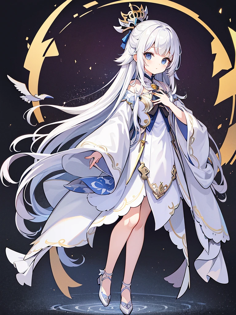 Full-body portrait、Are standing、silver gray hair、Messy hair、Very long hair、Long Hair、Silver-based noble princess outfit、銀色の綺麗なLockの杖を持っている、Lock