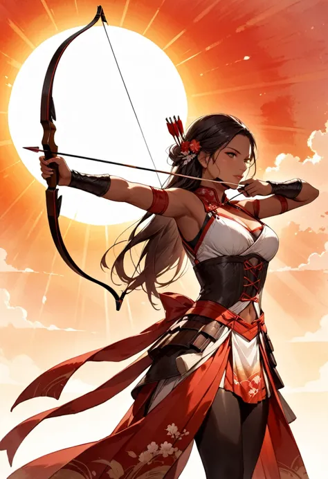 a japanese watercolor illustration (black, white and red colors only) of a exquisite beautiful female archer, (silhouette artwor...