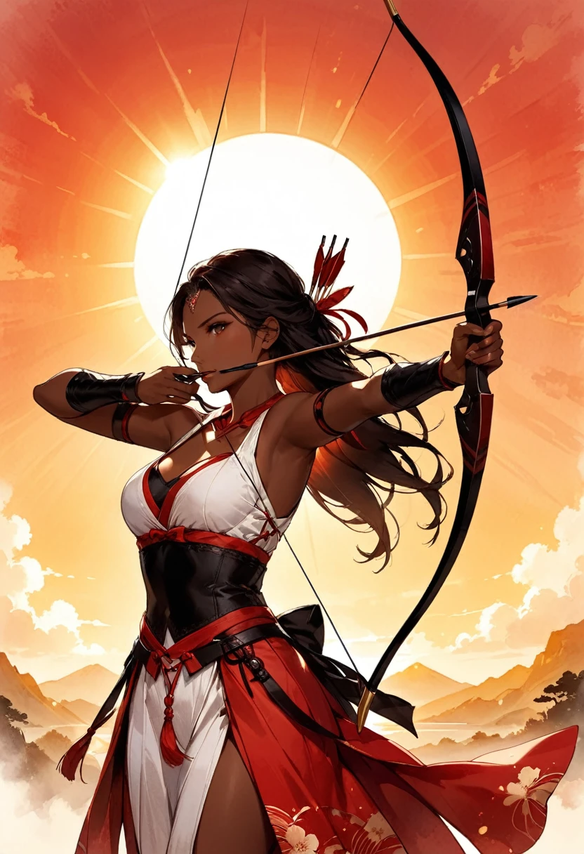 a Japanese watercolor illustration (Black, white and red colors only) of a exquisite beautiful female archer, (silhouette artwork: 1.3), aiming a bow, holding the (composite masterwork bow: 1.3)  perfectly, ready for action as the sun rises, fantasy art, ), sun rising behind the archer, ready to act,  ultra feminine, with a long curvy hair, dynamic clothing, intricate clothes, , sting drawn to the cheek , arrow ready to be shot, (metallic arrowhead shines in the sun: 1.5), sunrays, divine rays, high details, best quality, 16k, [ultra detailed], masterpiece, best quality, (extremely detailed), dynamic angle, Aiming a Bow, bow (weapon)