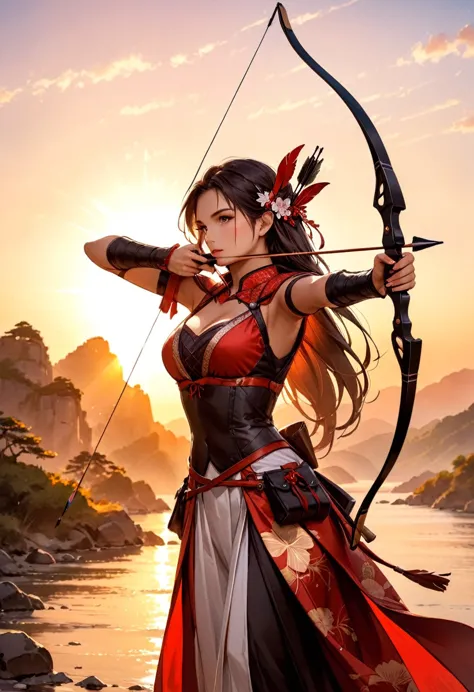 a Japanese watercolor illustration (Black, white and red colors only) of a exquisite beautiful female archer, (silhouette artwor...