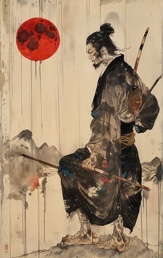 arte lineal japonés    , Un samurai( atado a un filete de madera con varias flechas clavadas en él,:1.2) A la parte inferior del cuerpo le falta una estructura esquelética visible. , trapos rasgados, Cuerda y suelo sangriento, cielos negros y luna grande , floral damask background ,  al estilo de takato yamamoto    , 