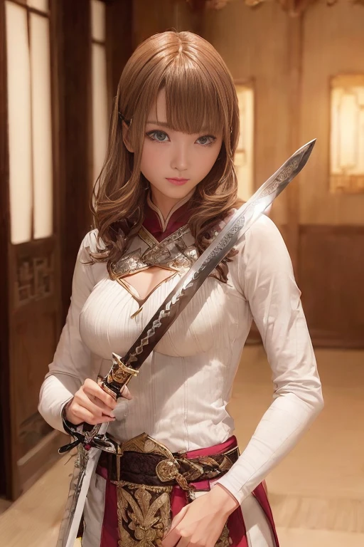 (Holding (Long sword:1.3)), (The blade glitters), (Holding sword sheath) 、(Sword fighting style)、(1 girl)、Bob Hair、Brown Hair、Medium breast、Chinese clothing:1.3、Temple precincts、(masterpiece:1.2、Raw photo quality、Highest quality)、Beautiful face、Anatomically correct limbs、Anatomically correct body、