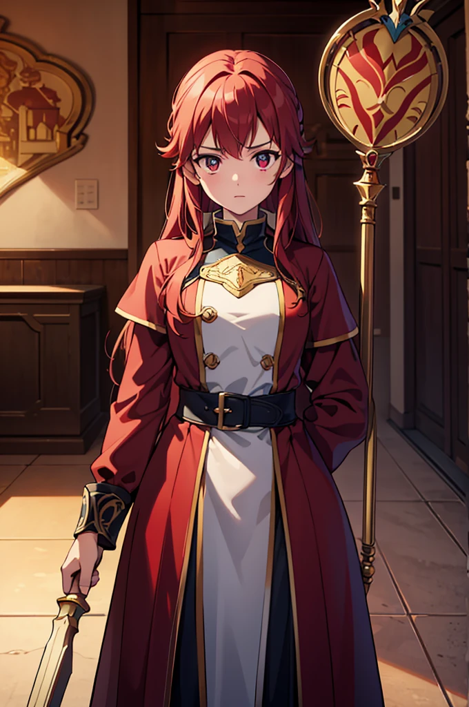 Highest quality, masterpiece, High resolution, alone, （Fire emblem‗Minerva），（Fire emblem），Evening sky_background，Young Girl，（red_Hair Color）, 4K, masterpiece,， alone, 1,whole body，looking at the camera, （red_coat）Sharp Eyes，（Long Spear）（Full Finger）, （Accurate fingertips）, （The finer details）, （Anatomically correct）, (Movie background), Hyper Detail, (Subtle details), (Intricate details)