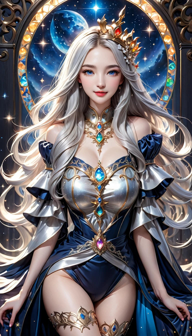 8K resolution, masterpiece, Highest quality, Award-winning works, unrealistic, From above, erotic, sole sexy lady, healthy shaped body, 22 years old, black mage, 165cm tall, huge firm bouncing busts,, white silver long wavy hair, Detailed facial depictions, BREAK, Mysterious blue eyes, Standard nose, Eyeliner, pink lips, sexy long legs, Clear skin, holy knight, Gothic ruffle long dress, A dress with a complex structure, Seven-colored colorful dress, Clothed in flames, royal coat of arms, elegant, Very detailed, Delicate depiction of hair, miniature painting, Digital Painting, artstation concept art, Smooth, Sharp focus, shape, Art Jam、Greg Rutkowski、Alphonse Mucha's、William Adolphe Bouguereau、art：Stephanie Law , Royal Jewel, nature, Symmetric, Greg Rutkowski, Charlie Bowwater, Unreal, surreal, Dynamic Lighting, Fantasy art, Complex colors, Colorful magic circle, flash, dynamic sexy poses, A kind smile, Mysterious Background, Aura, A gentle gaze, BREAK, Small faint lights and flying fireflies, night, lanthanum, From above, looking down on the world below, Starry Sky, milky way, nebula, shooting star