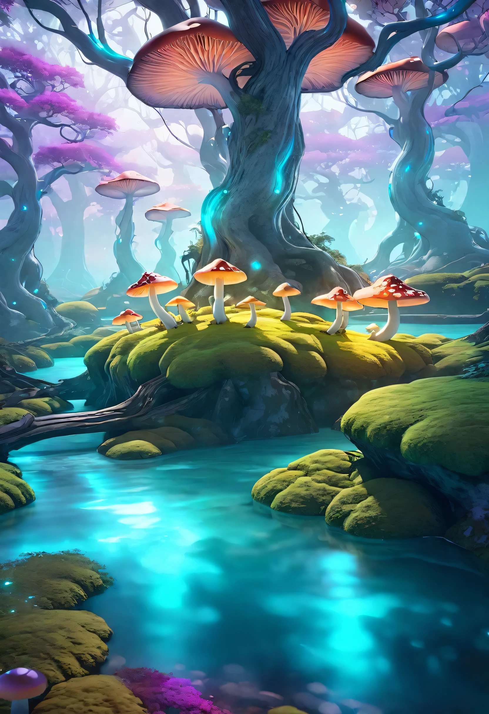 un sueño, surreal fantasía landscape, a mystical forest with brillante mushrooms, árboles retorcidos, Islas flotantes, cielos coloridos, Iluminación etérea, muy detallado, cinematográfico, Fotorrealista, 8K, detalles intrincados, colores vívidos, iluminación dramática, Iluminación ambiental, brillante, fantasía, mágico, Caprichoso, atmosférico, sereno, calmante, de ensueño, brumoso, enfoque suave, bokeh