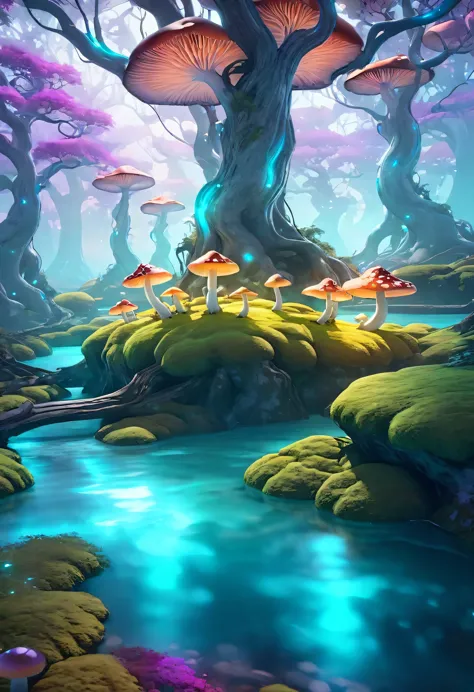 A dreamy, surreal fantasy landscape, a mystical forest with glowing mushrooms, twisted trees, floating islands, colorful skies, ...