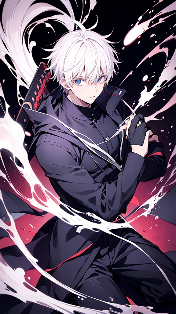 create a black Jujutsu no kaisen manga style image with a young male character extremely similar to Gaku from the Sakamoto Days manga, ele tem cabelo curto fe cor ciano claro e um capuz azul escuro quase preto, e olhos pretos, He wears red earrings and he is holding a heavy sword, he is extremely handsome and stylish, a imagem detalha bem ele, he is anime style.