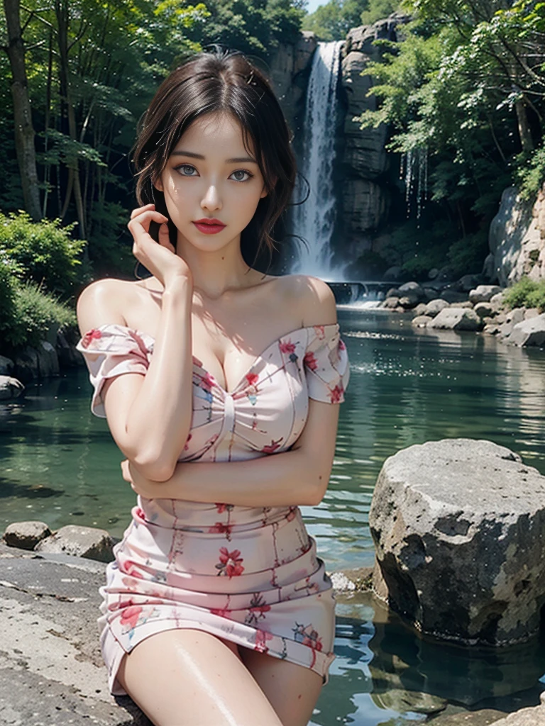 print dress, off shoulder, fashi-girl,red lips,mature female,makeup, makeup, ((cowboy shot)), (best quality, masterpiece:1.2), Sitting, sitting on a rock, ultra-detailed, (realistic:1.37), beautiful, youthful, glamorous model with (detailed eyes, detailed lips, extremely detailed eyes), with white and floral colors, showcasing a radiant smile, slender figure, long legs, creating a breathtaking depiction of a girl enjoying the water,  realistic waterfalls, wet clothes and hair,  radiant sunlight,  lush greenery, refreshing mist, Elegant pose, random pose, random Angle of view, Getting wet under a waterfall, The waterfall fell on her