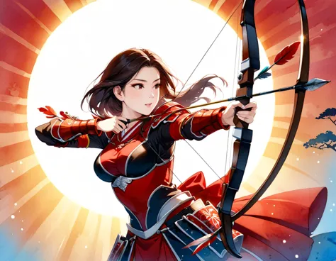 a japanese watercolor illustration (using black, white and red colors only) of a exquisite beautiful female archer, (silhouette ...