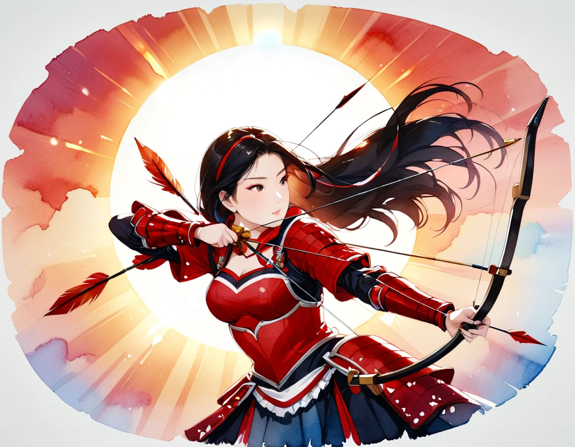 a Japanese watercolor illustration (using Black, white and red colors only) of a exquisite beautiful female archer, (silhouette artwork: 1.3), aiming a bow, holding the (composite masterwork bow: 1.3)  perfectly, ready for action as the sun rises, fantasy art, ), sun rising behind the archer, ready to act,  ultra feminine, with a long curvy hair, wearing knights armor, intricate clothes, , sting drawn to the cheek , arrow ready to be shot, (tip of the arrow glimmers in the sun: 1.3), sunrays, divine rays, high details, best quality, 16k, [ultra detailed], masterpiece, best quality, (extremely detailed), dynamic angle, Aiming a Bow, bow (weapon), ral-wtrclr