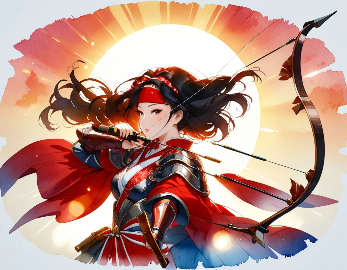 a Japanese watercolor illustration (using Black, white and red colors only) of a exquisite beautiful female archer, (silhouette artwork: 1.3), aiming a bow, holding the (composite masterwork bow: 1.3)  perfectly, ready for action as the sun rises, fantasy art, ), sun rising behind the archer, ready to act,  ultra feminine, with a long curvy hair, wearing knights armor, intricate clothes, , sting drawn to the cheek , arrow ready to be shot, (tip of the arrow glimmers in the sun: 1.3), sunrays, divine rays, high details, best quality, 16k, [ultra detailed], masterpiece, best quality, (extremely detailed), dynamic angle, Aiming a Bow, bow (weapon), ral-wtrclr