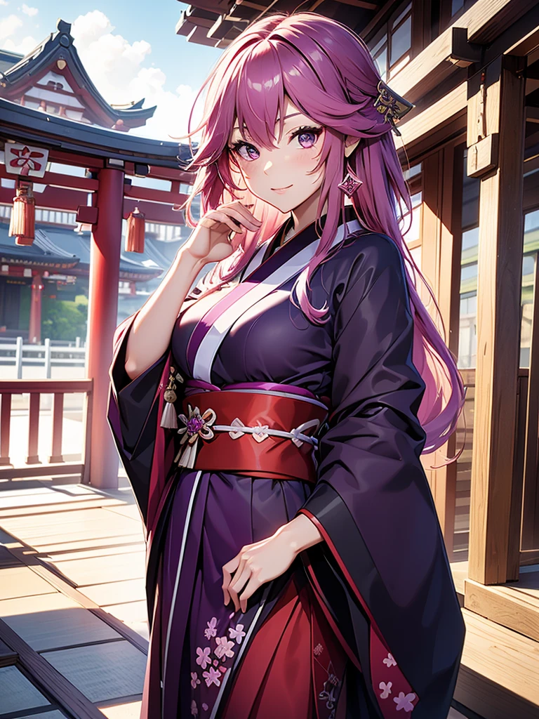 Yae miko, 1woman, wearing a long Japanese kimono, dark purple colour kimono, at a Japan shrine , pink colour hair, 8k, high detailed, high quality
