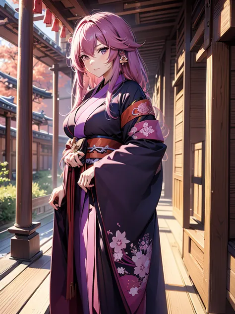 Yae miko, 1woman, wearing a long Japanese kimono, dark purple colour kimono, at a Japan shrine , pink colour hair, 8k, high deta...